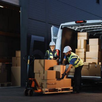 Outside of Logistics Retail Warehouse With Inventory Manager Using Tablet Computer, talking to Worker Loading Delivery Truck with Cardboard Boxes, Online Orders, Food and Medicine Supply, E-Commerce